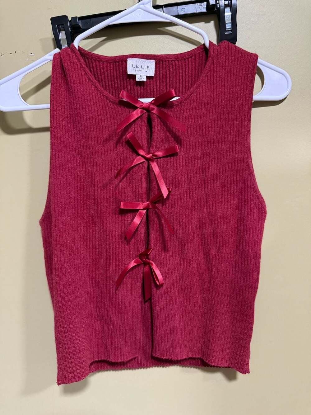 Le Lis Collection Maroon Ribbed Knit Tank Top with Front Bow Ties